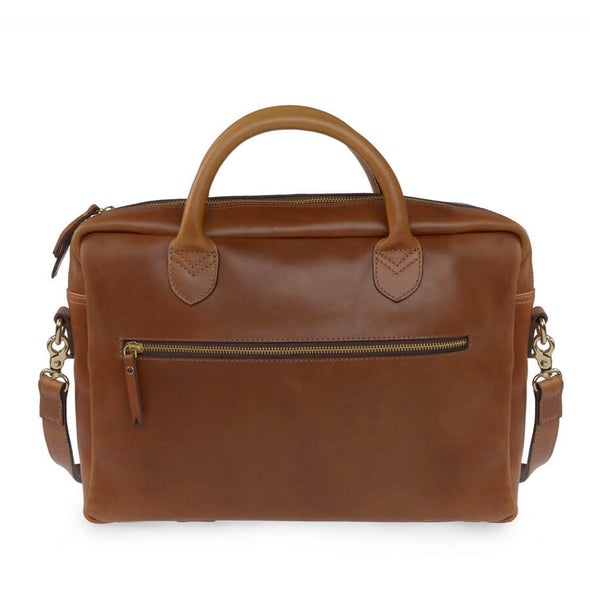Luxury leather tan brown laptop bag with shoulder strap and handles