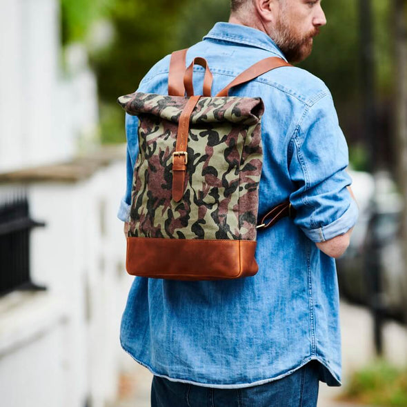 Roll-top Camo Canvas and Leather Backpack