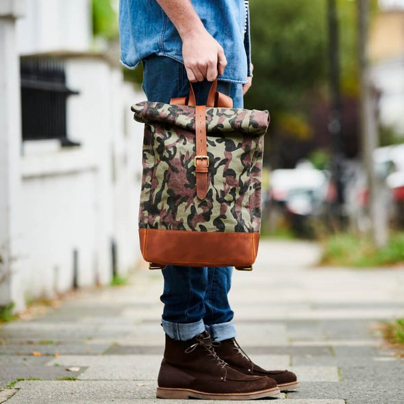 Roll-top Camo Canvas and Leather Backpack