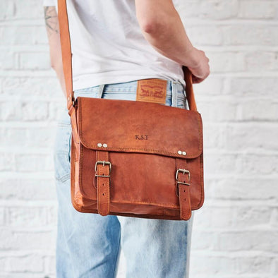 Midi medium leather satchel tan brown with embossed initials