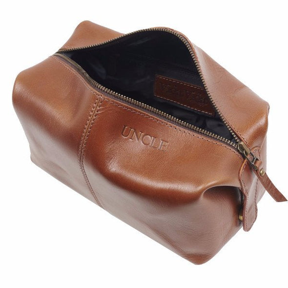 Personalised Leather Wash Bag Dark Tan option inside