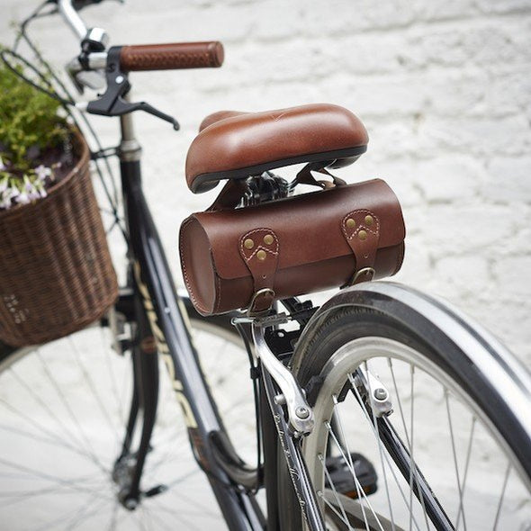 Tan Leather Bike Saddle Bag On Bike