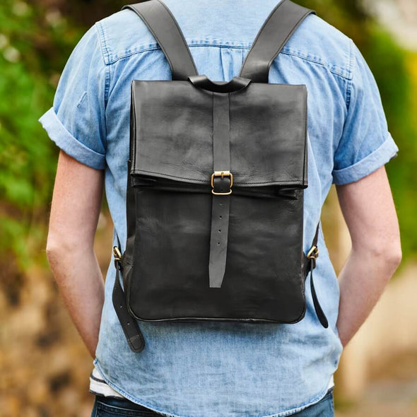 Black Leather Roll-Top Backpack