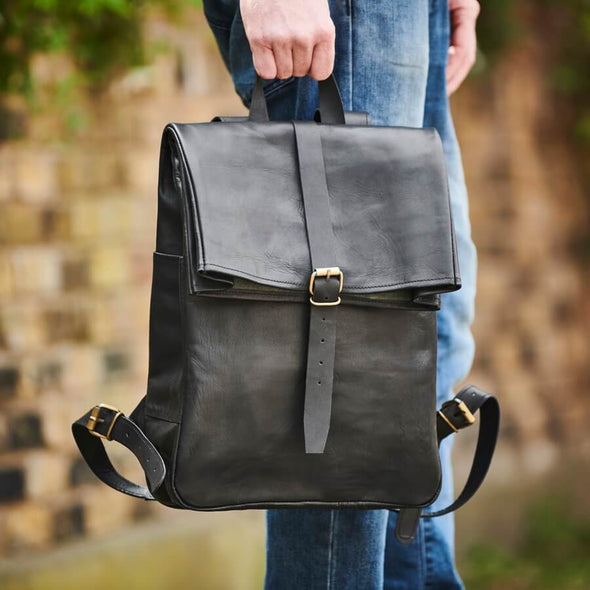 Black Leather Roll-Top Backpack