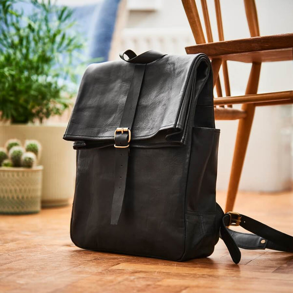 Black Leather Roll Top Backpack perfect for commuting professional Vida Vida Leather Bags Accessories