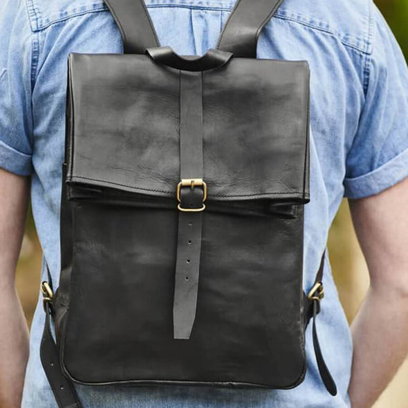Black Leather Roll-Top Backpack