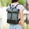 Roll top canvas and leather backpack in greay and black for men