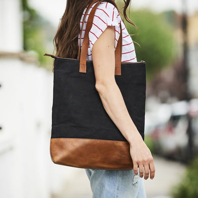 Brown leather and black canvas ladies tote bag with zip