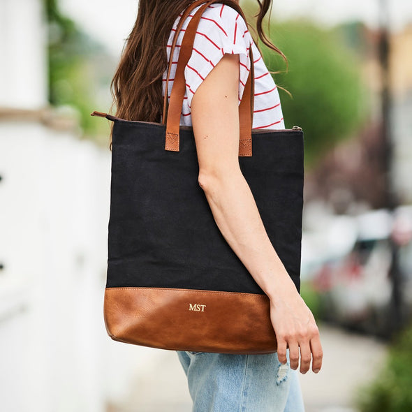 Personalised Leather and Canvas Tote Bag With Zip Top