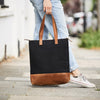 Black and tan leather and canvas mix ladies tote bag