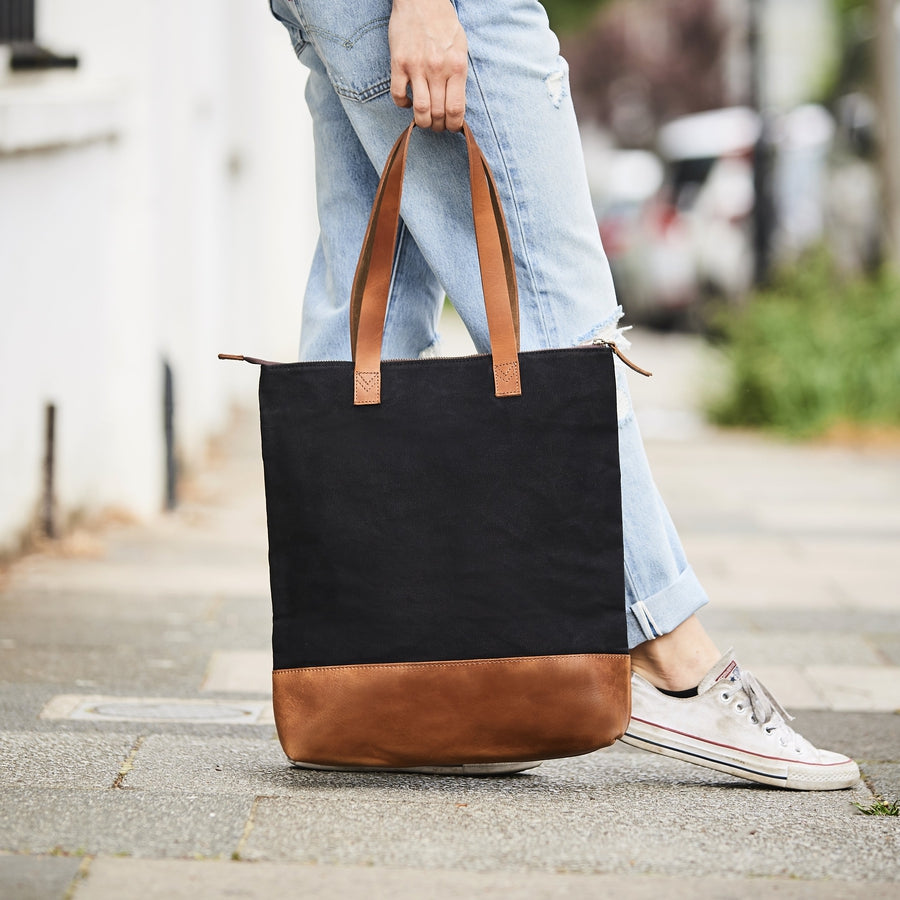 Personalised Leather and Canvas Tote Bag - Grey Canvas with Black Leather, Zip Top Closure - Handmade, Durable, and Stylish