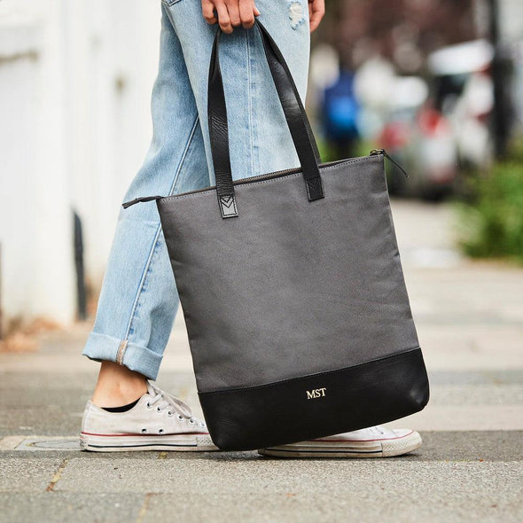 Personalised Leather and Canvas Tote Bag With Zip Top