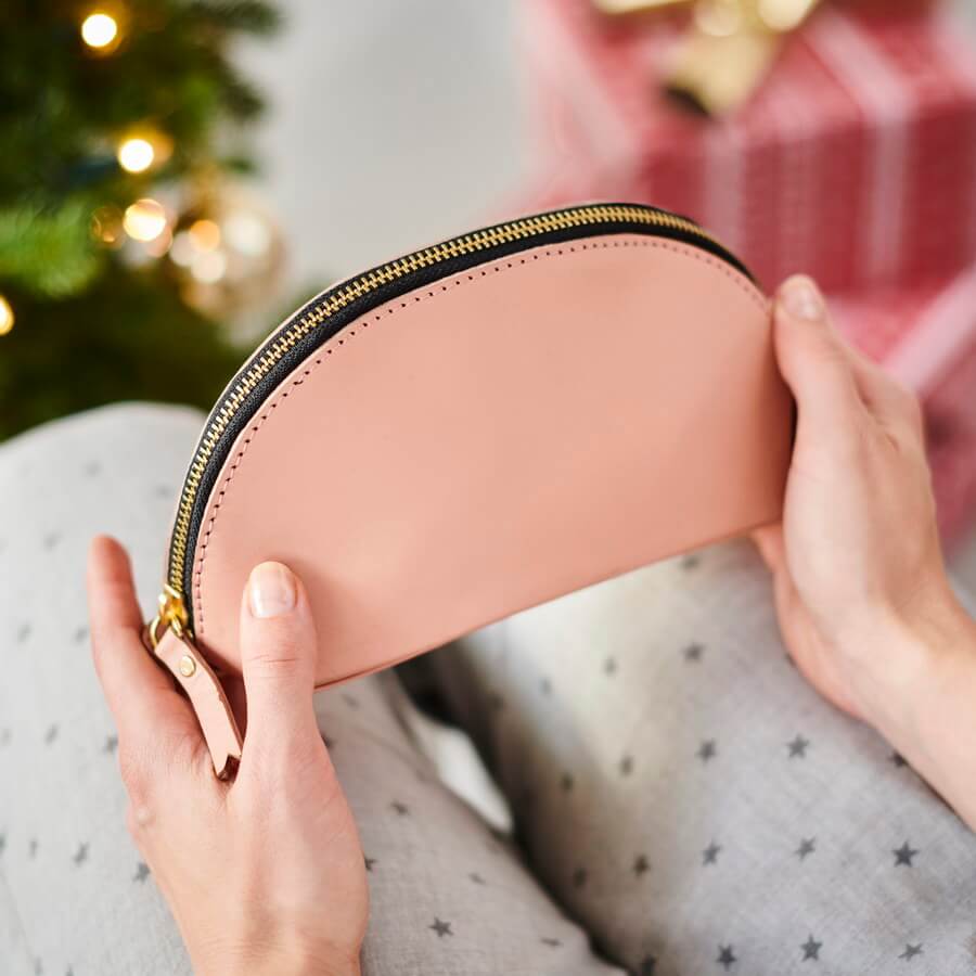 Blush pink leather make up bag