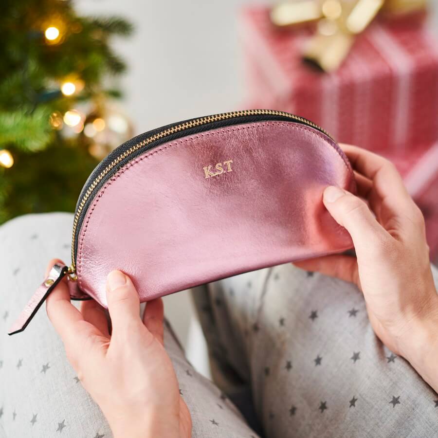 Pink initialed leather wash bag