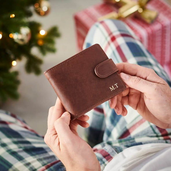 Personalised Tri Fold Wallet with RFID blicking in dark brown leather