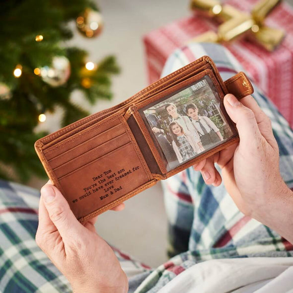 Personalised Leather Tri Fold Wallet with RFID blocking slots in tan