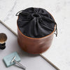 tan leather wash bag with drawstring for men