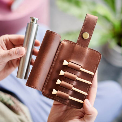 Leather Golf Tee Holder and Stainless Steel Hip Flask