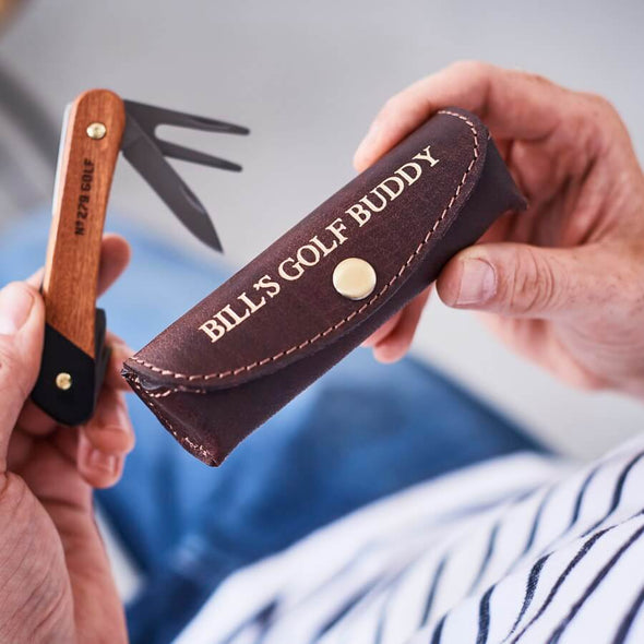 Personalised Leather Holder and Golf Tool - Dark Brown