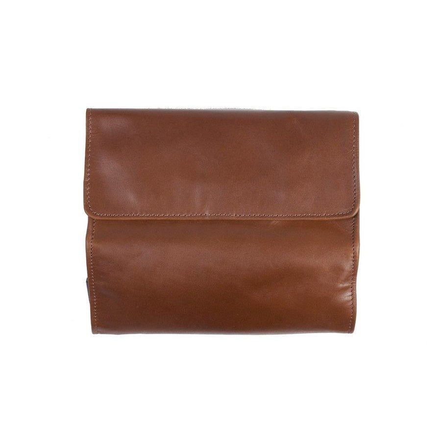 Dark Tan Leather Hanging Wash Bag for Men Front