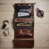 Dark Tan Leather Hanging Wash Bag for Men Contents