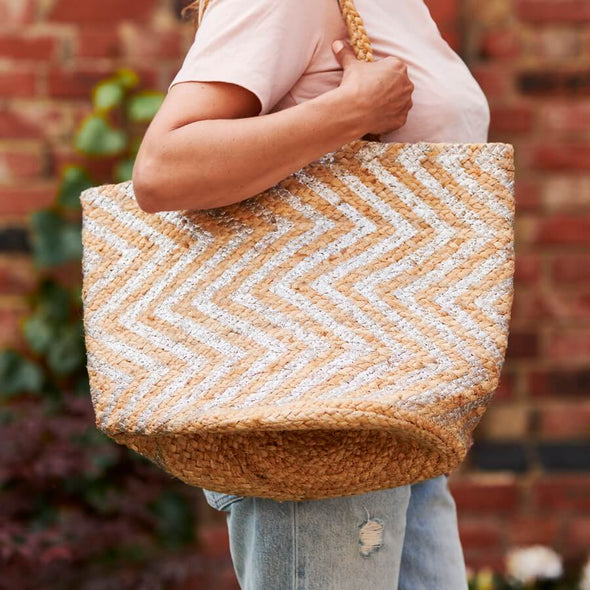 Jute Tote Beach Bag Chevron