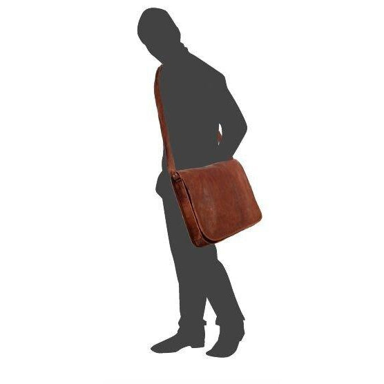 large mens leather messenger bag on model