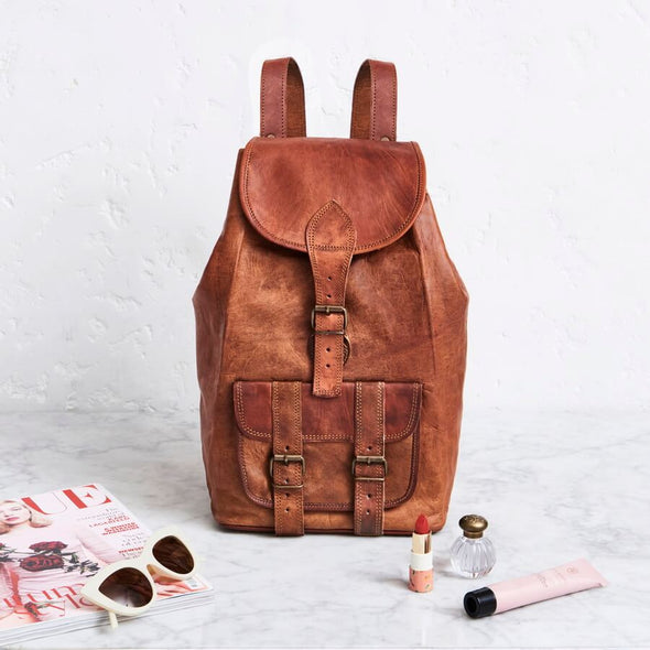 Tan brown leather vintage style backpack ruck sack
