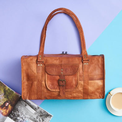 Leather duffel bag small size in tan brown