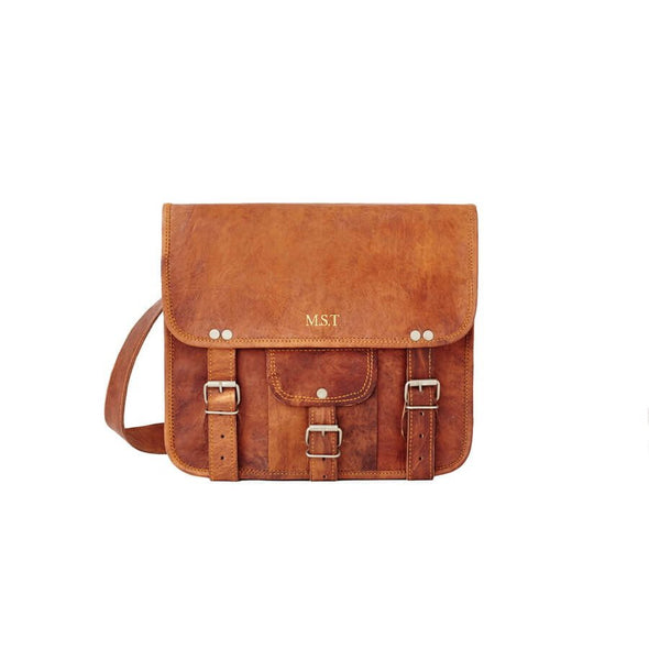 Leather Satchel with Front Pocket Midi embossing position on flap