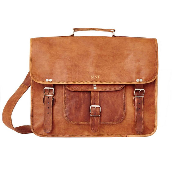 Mens Classic Leather Satchel with embossing on flap