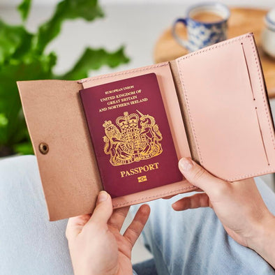 Personalised passport cover in blush pink leather