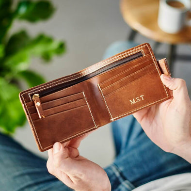 Leather Wallet with Internal Zip Section - Tan