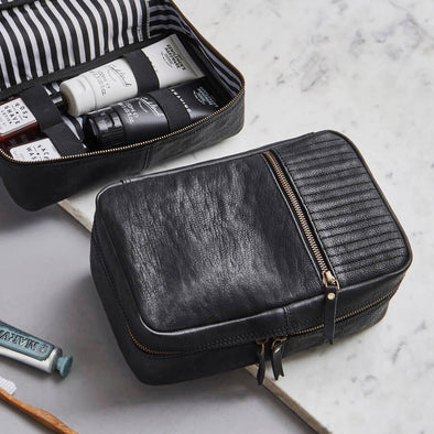 Mens black leather wash bag open and closed