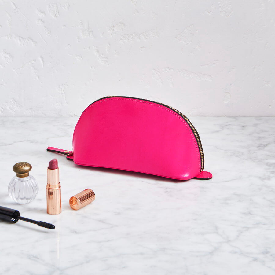 Bright pink leather make up bag