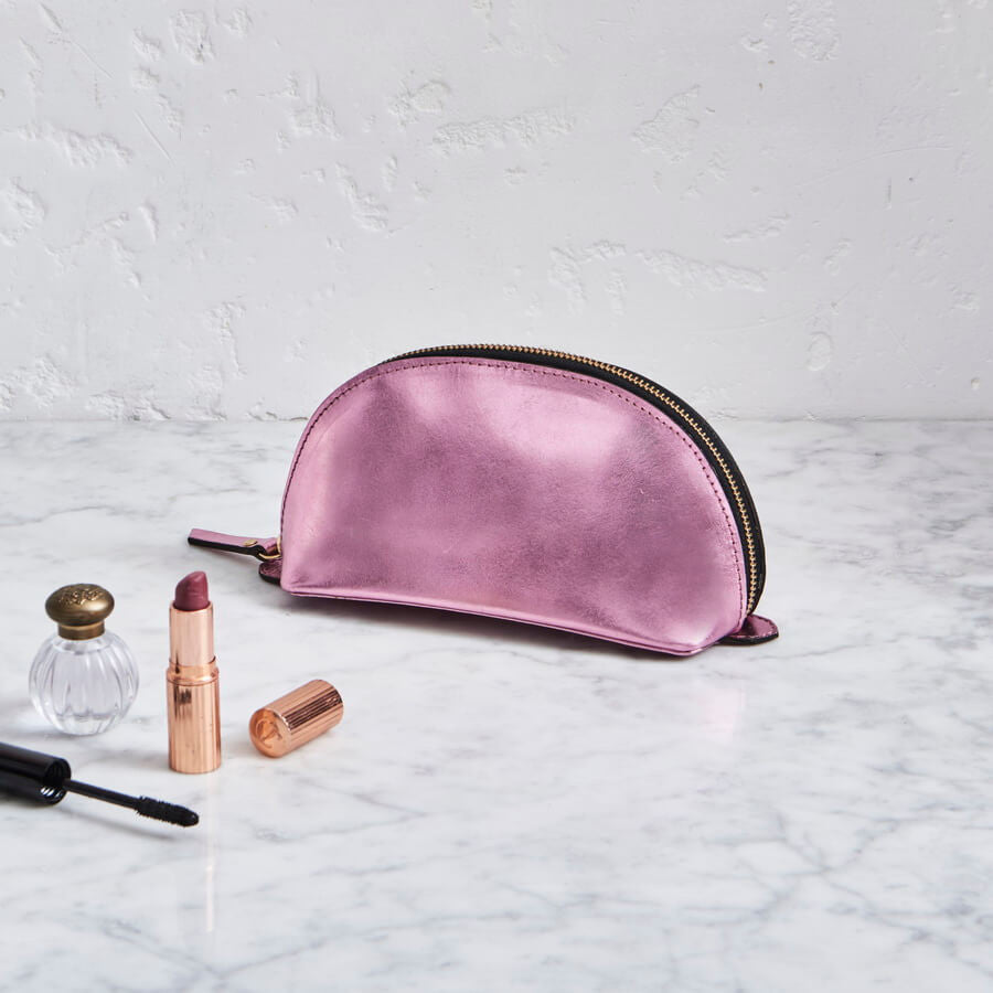 Metalic pink leather make up bag