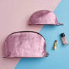 Metalic pink ladies leather travel set makeup bag and more