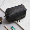 Black leather wash bag for men