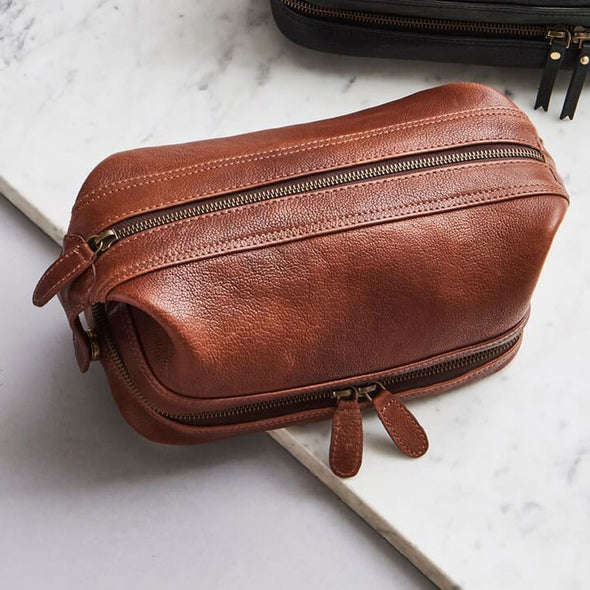 Leather Wash Bag with Zip Bottom