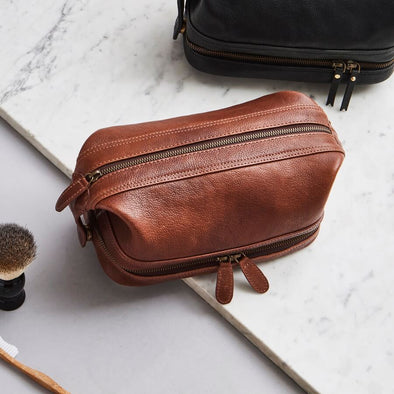 Brown leather wash bag for men