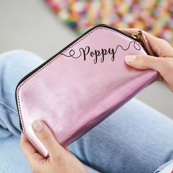 Metalic pink clutch bag with name