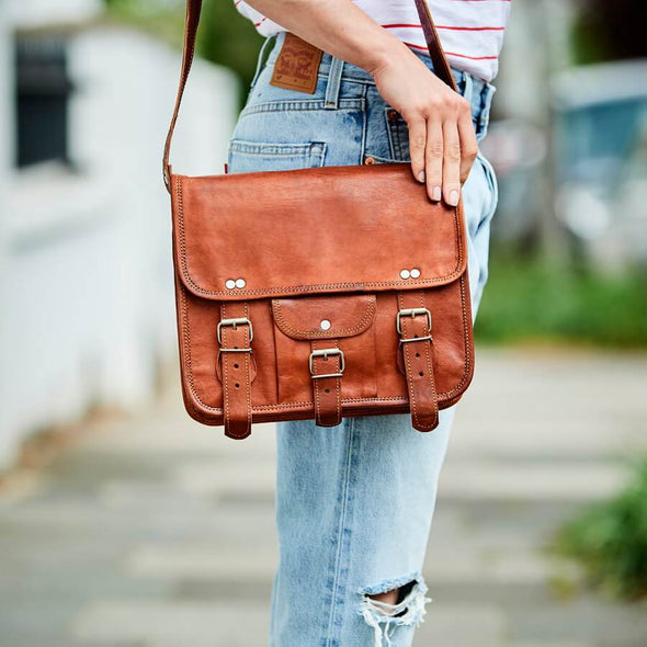 midi leather satchel in tan leather