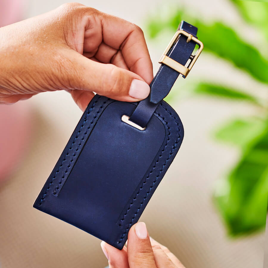 Blue leather luggage tag clearance