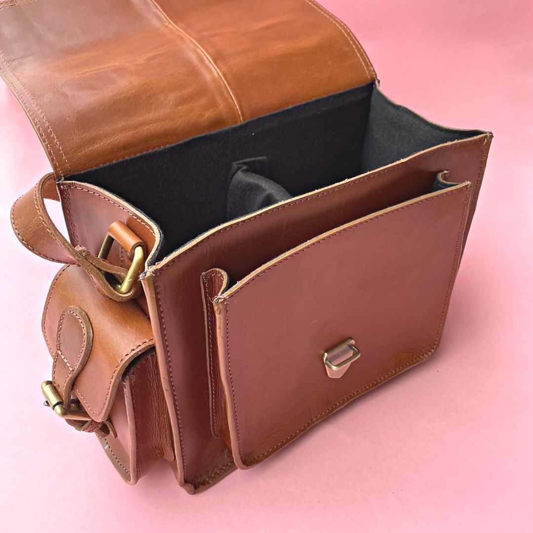 Personalised leather sales camera bag