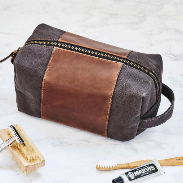 Personalised Canvas Leather Panel Wash Bag