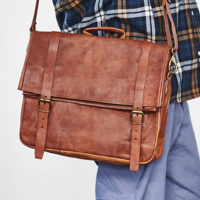 Personalised Leather Roll Top Messenger Laptop Bag