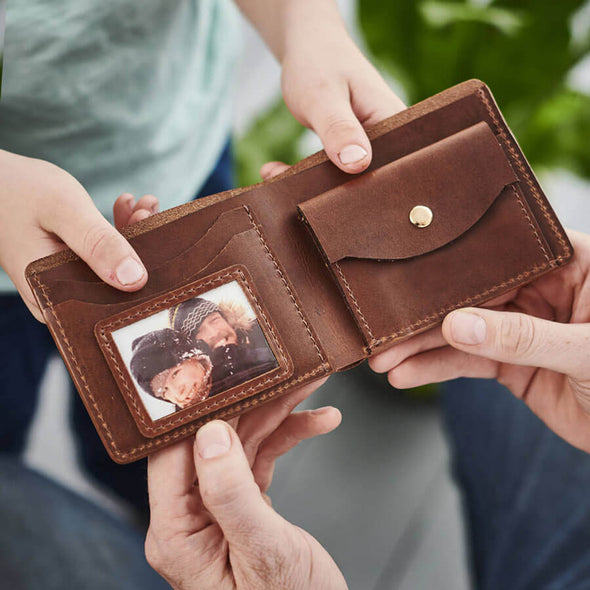Personalised Leather Coin Wallet With Metal Photo Card
