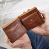 Leather wallet open view in tan brown