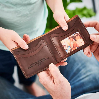 Personalised Leather Card Wallet With Metal Photo Card -Dark Brown