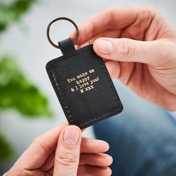 Personalised Black Leather Key Ring With Metal Photo Fathers Day
